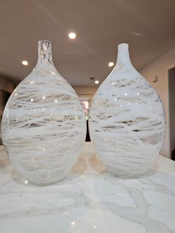 Pair of Large Hand Blown Art Glass Vases | White Swirl Clear Glass | 15" Modern Decorative Vases