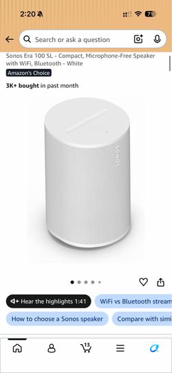 Sonos Era 100 SL - Compact, Microphone-Free Speaker with WiFi, Bluetooth - White