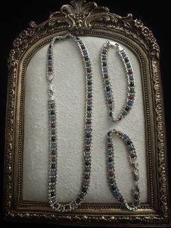 Sterling Silver Multi Color Chalcedony Bracelets & Necklace Set