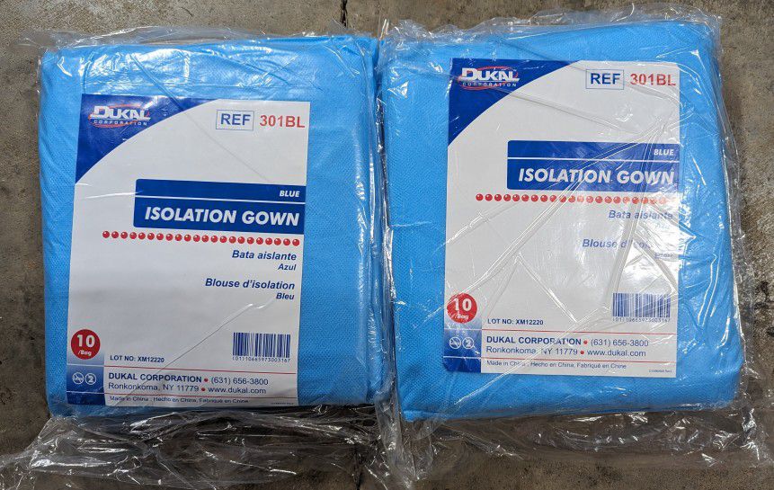 2 Packs Dukal Isolation Gown Non-Sterile, Blue (2 Packs of 10 Gowns)