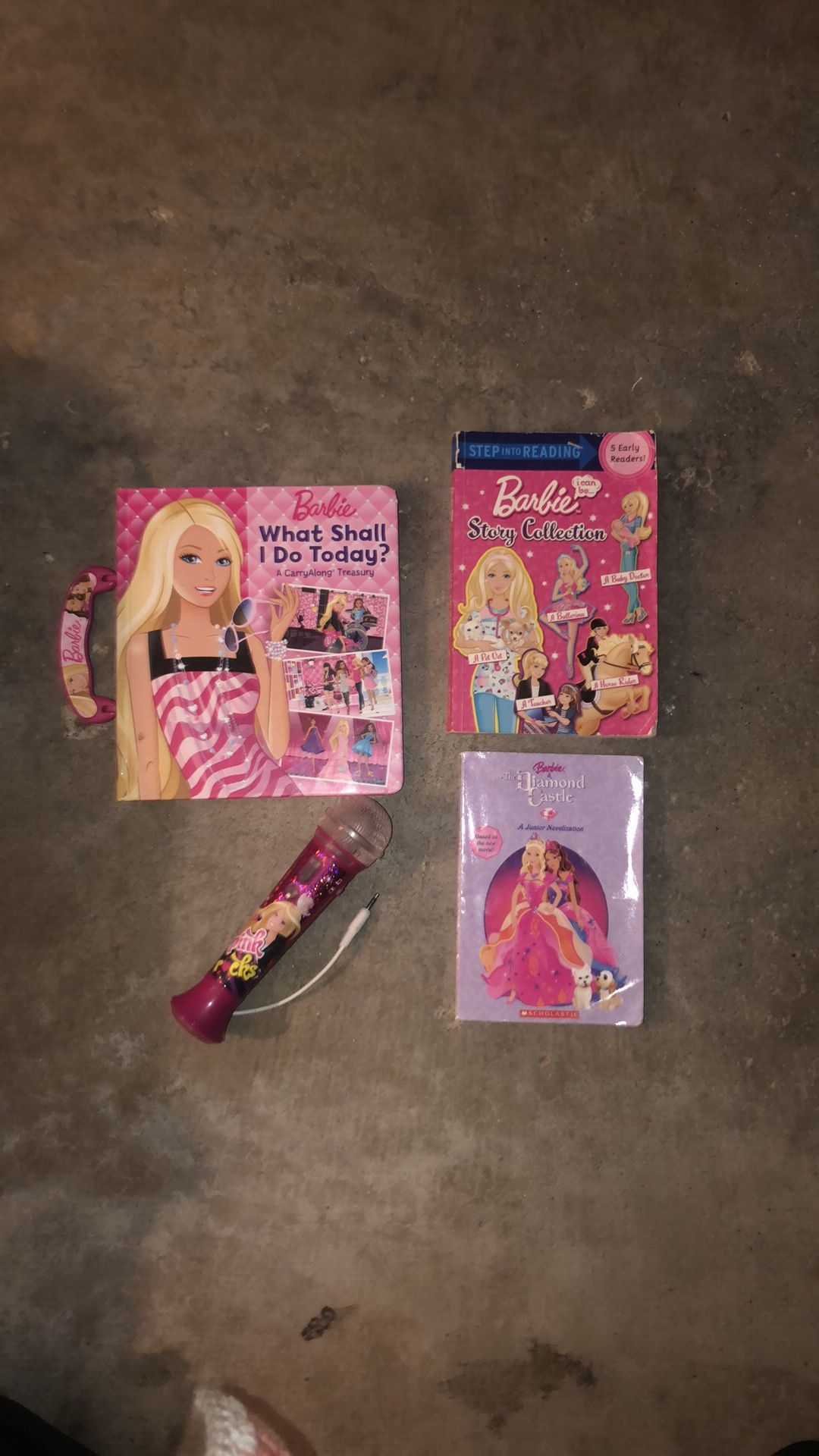 Barbie books and microphone