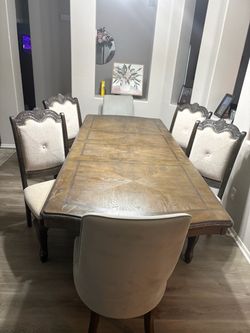 Wood Dining Table with 6 Upholstered Chairs