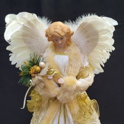Vtg Christmas Tree Topper Angel 17"Dennis Basso Home Ceramic/ Velvet/ Feather