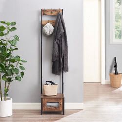 Entryway Coat Rack with Cabinets Door, Industrial Hall Tree 72 Inch Storage Shelf Organizer with 5 Hooks, Brown