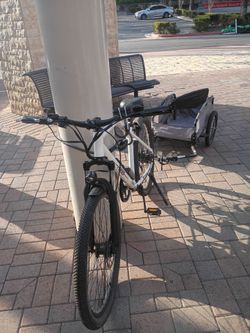Electric mountain ebike with two batteries and medium size trailer
