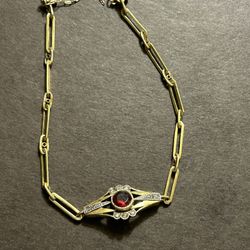 Vintage Art Nuevo 14k Gold Bracelet With 10 Small Diamonds And Garnet Center Stone. Original Owner 