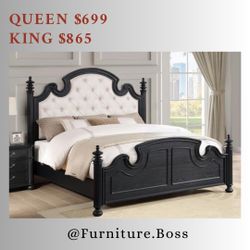 Black Queen Post Bed With Beige Fabric Tufted Headboard