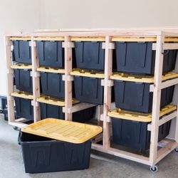 3x4 Wooden Storage Rack w/ 12 Totes On Casters