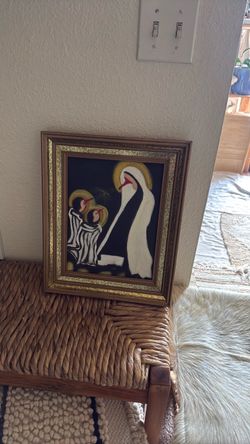 Framed Religious Folk Art Painting 11x14” vintage gold frame