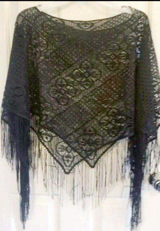 Hand Knit Shawl And A Black Mesh poncho 