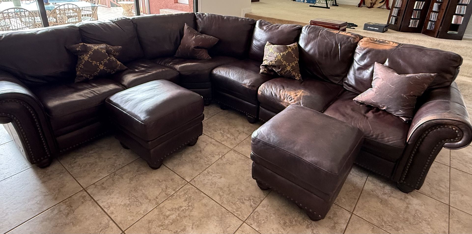 Leather Couch With 2 Ottomans