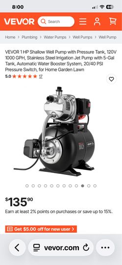 1 HP Shallow Well Pump with Pressure Tank, 120V 1000 GPH, Stainless Steel Irrigation Jet Pump with 5-Gal Tank, Automatic Water Booster System, 20/40 P
