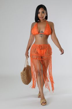 Orange Knitted Crochet Bra Top with Long Tassel Skirt Coverup Sets