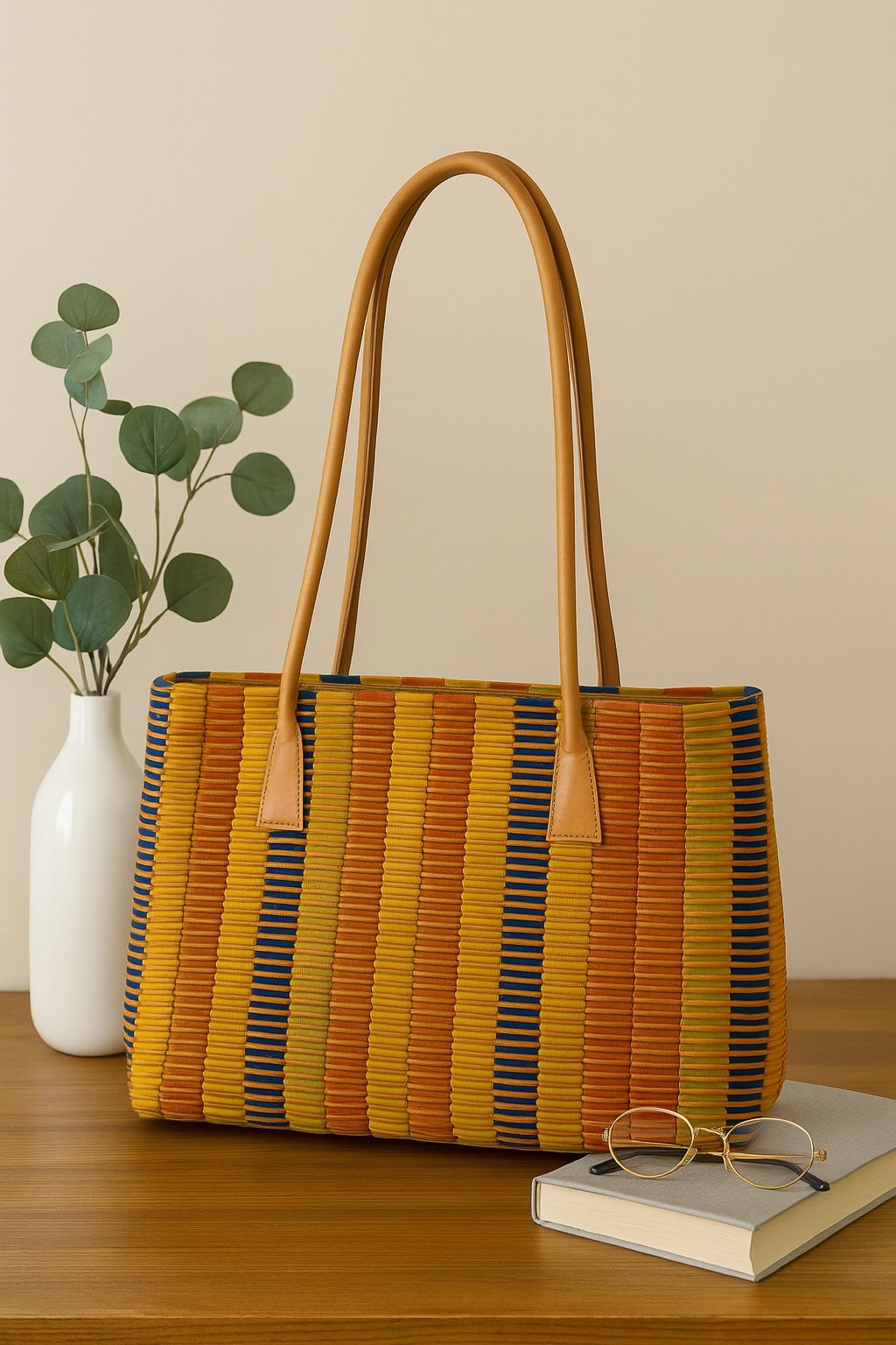 Monsac USA Modern Multicolor Woven Leather Tote, 16x4x10”