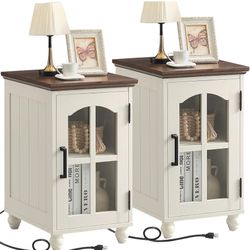 New in box Narrow Side Table Set of 2,White Nightstand with Charging Station,End Table with Glass Barn Door Storage, Cabinet Organizer with Adjustable