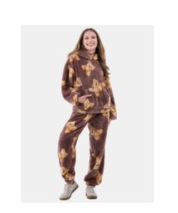 Pajama Bear Print Plush Hoodie And Jogger Set Size Small. (AB)