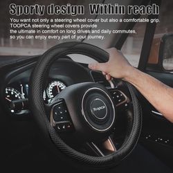  Leather Steering Wheel Cover, Anti-Slip Car Steering Wheel Covers for Diameter 15 1/2 to 16 Inch Car Wheel Covers, PU+PVC Universal Wheel Cover for C