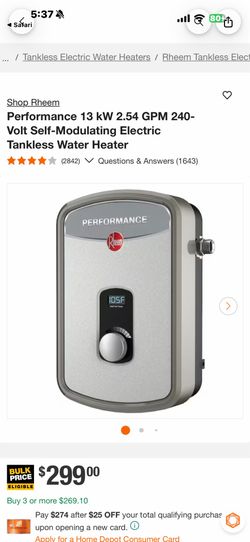Rheem Performance 13 kW 2.54 GPM 240-Volt Self-Modulating Electric Tankless Water Heater