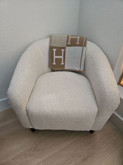 White boucle barrel chair