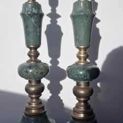 Mid Century Japanese Post War James Mont Style Green Marble  Bronze Column Lamps