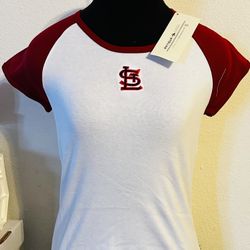 St Louis Cardinals White with Red Woman’s Short Sleeve Size Small T-SHIRT with a Beautifully Embroidered Logo on the Center Chest