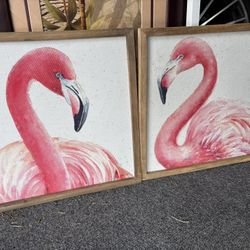 2 Framed Pictures. Cheerful Wall Art Of Pink Flamingo Birds. 2 For $25, Fun Pair!  Beach Vs Rat Race Wall Art Alone Is $15.  