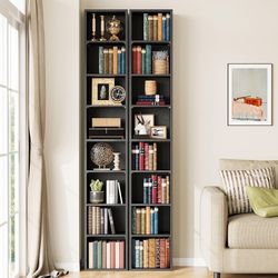 Tall Narrow Bookshelf 8 Tiers 71in Set of 2, Compact Corner Bookcase, Easy to Match for Living Room, Office, Study, Bedroom