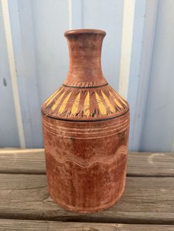 Old Hand-Decorated Earthenware Bottle Vase – Primitive Folk Art Ceramic