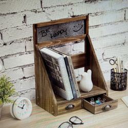 New Rustic Brown Wood Desktop Organizer In Box