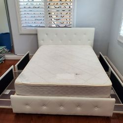 White Full Size Bed Frame With Mattress And Mattress Topper