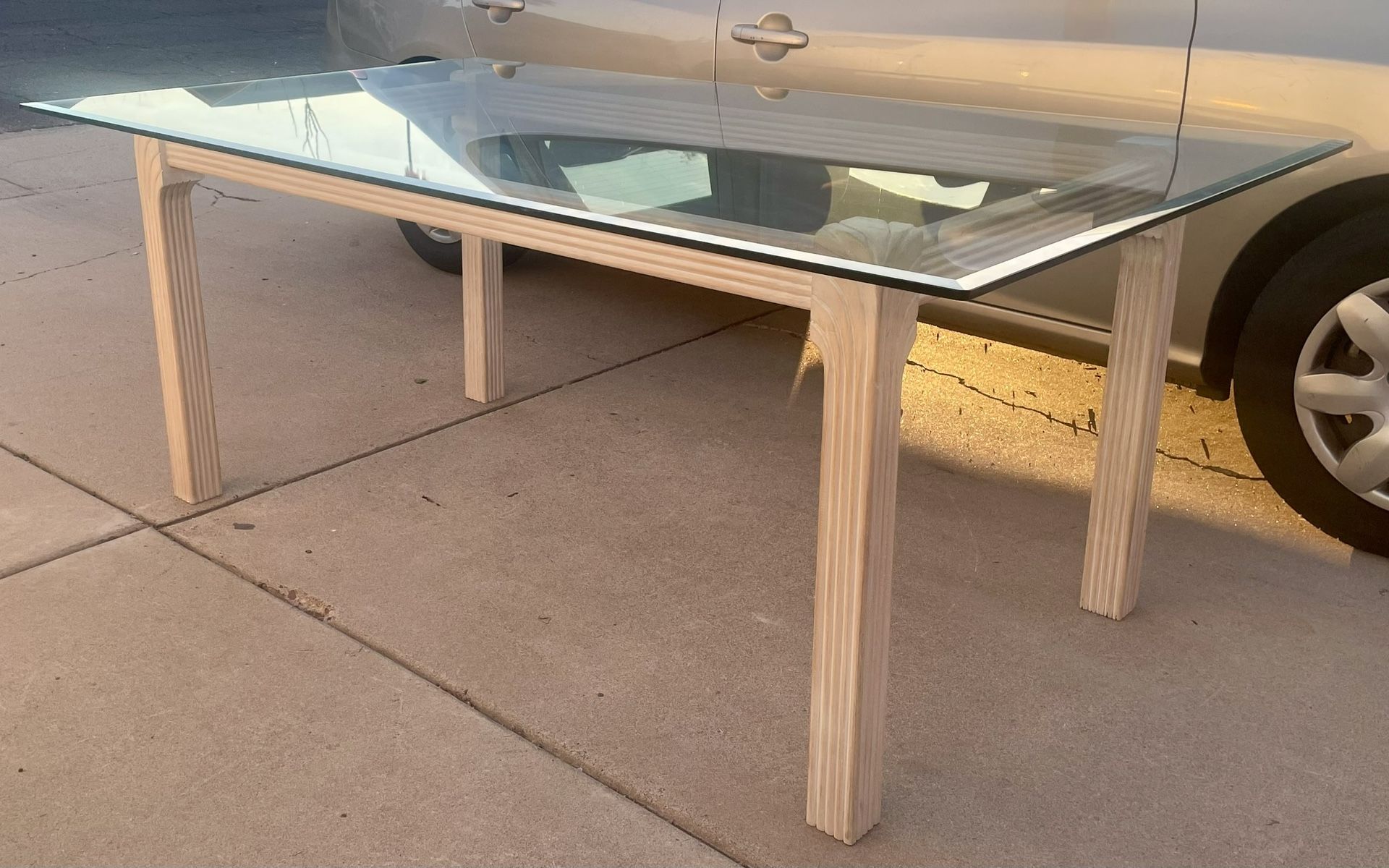 Gorgeous 72” Vintage Bleached Wood Pencil Reed Style Beveled Glass Dining Table