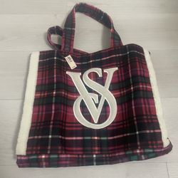 Victoria’s Secret logo red plaid fleece Tote beach bag purse