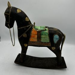 Vintage Wooden Rocking Horse with Brass, Copper, Stone Inlay