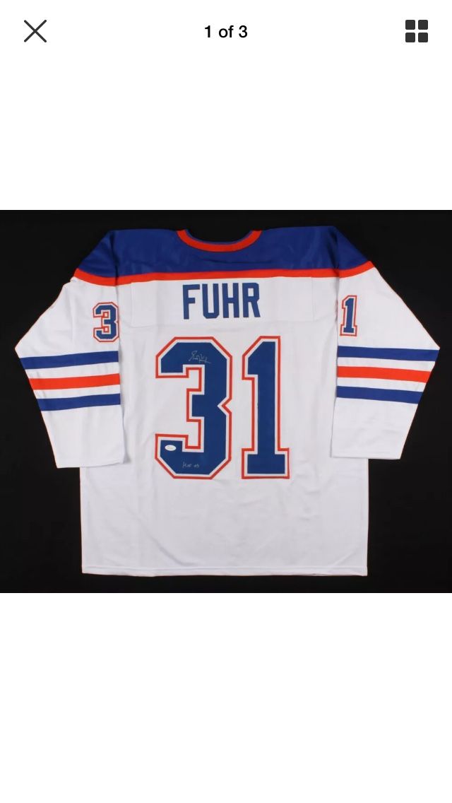 Grant Fuhr Signed Jersey Inscribed "HOF 03" (JSA COA) Hall of Fame Sabres Goalie Oilers