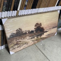 Extra Large 60”x30” Framed Rustic Landscape Wall Art – Farmhouse Lake Scene