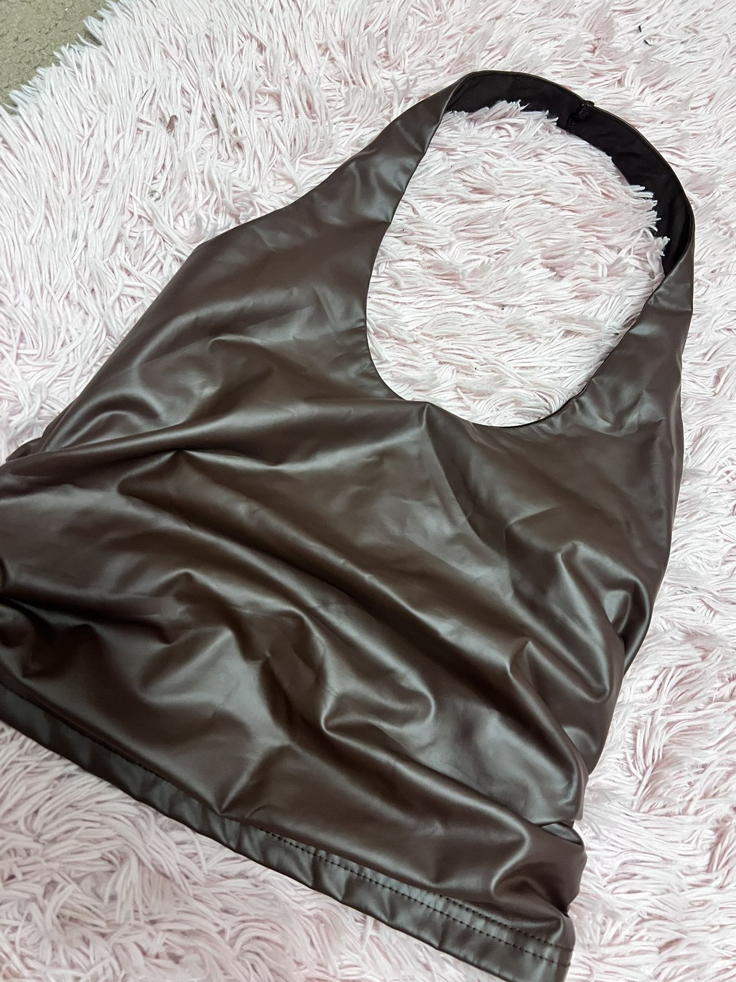 Y2K brown halter fake leather top
