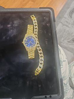 Halukakah Blue Dial Diamond Gold Watch Iced Out Men's 18K Real Gold Plated Quart