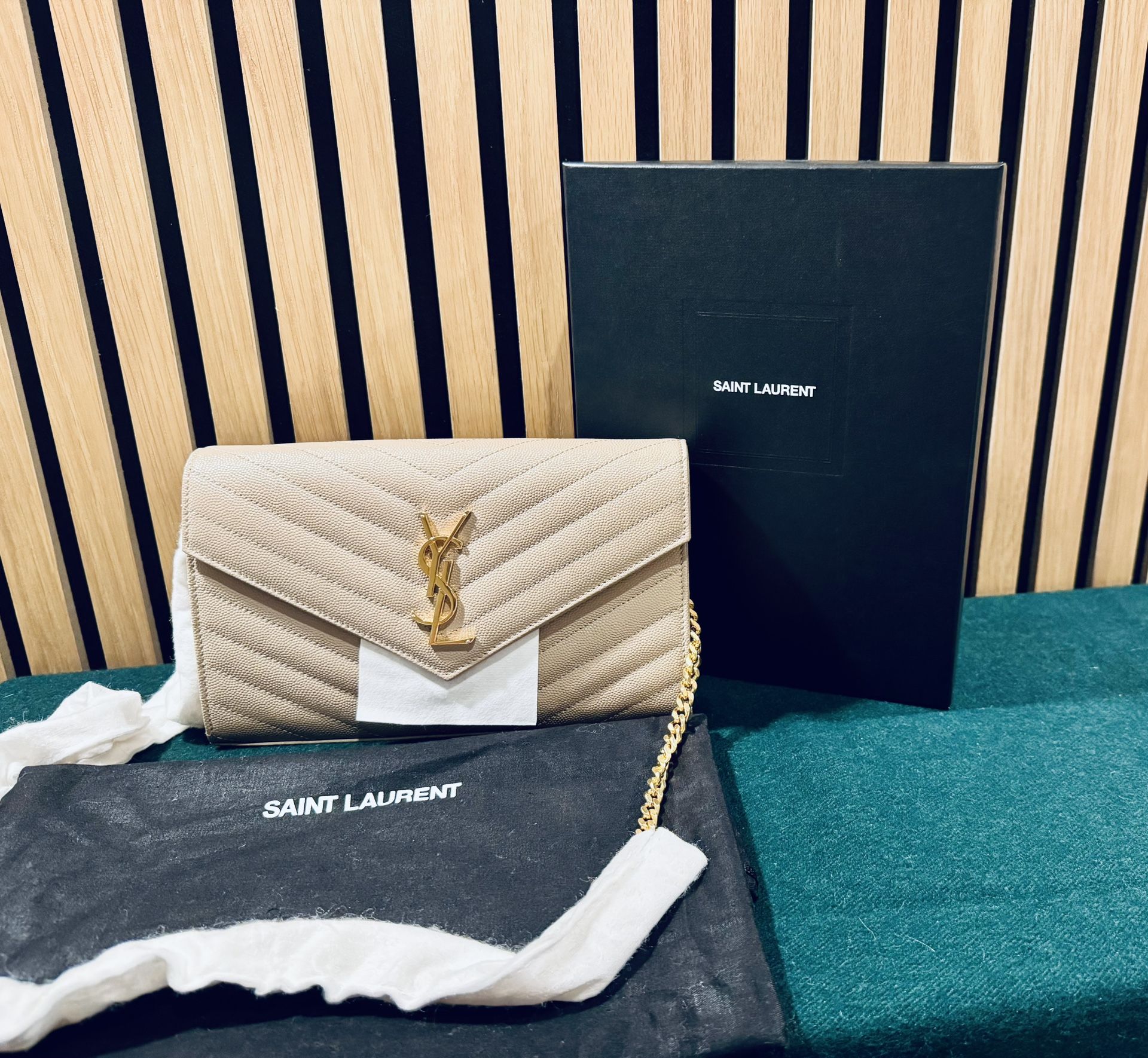 YSL Monogram Large Wallet on Chain in Grained Leather