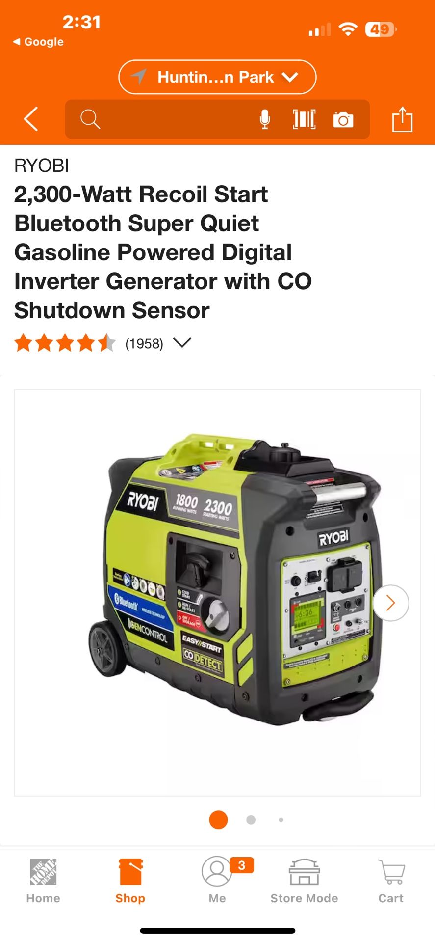 RYOBI 2,300-Watt Recoil Start Bluetooth Super Quiet Gasoline Powered ...