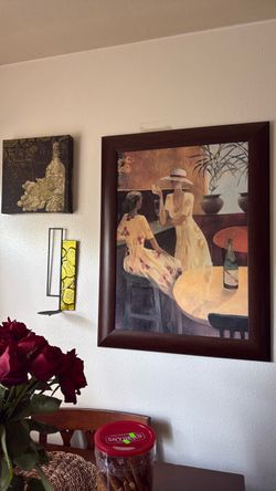 Large Framed Wine Scene Artwork – Elegant Women – Dark Wood Frame
