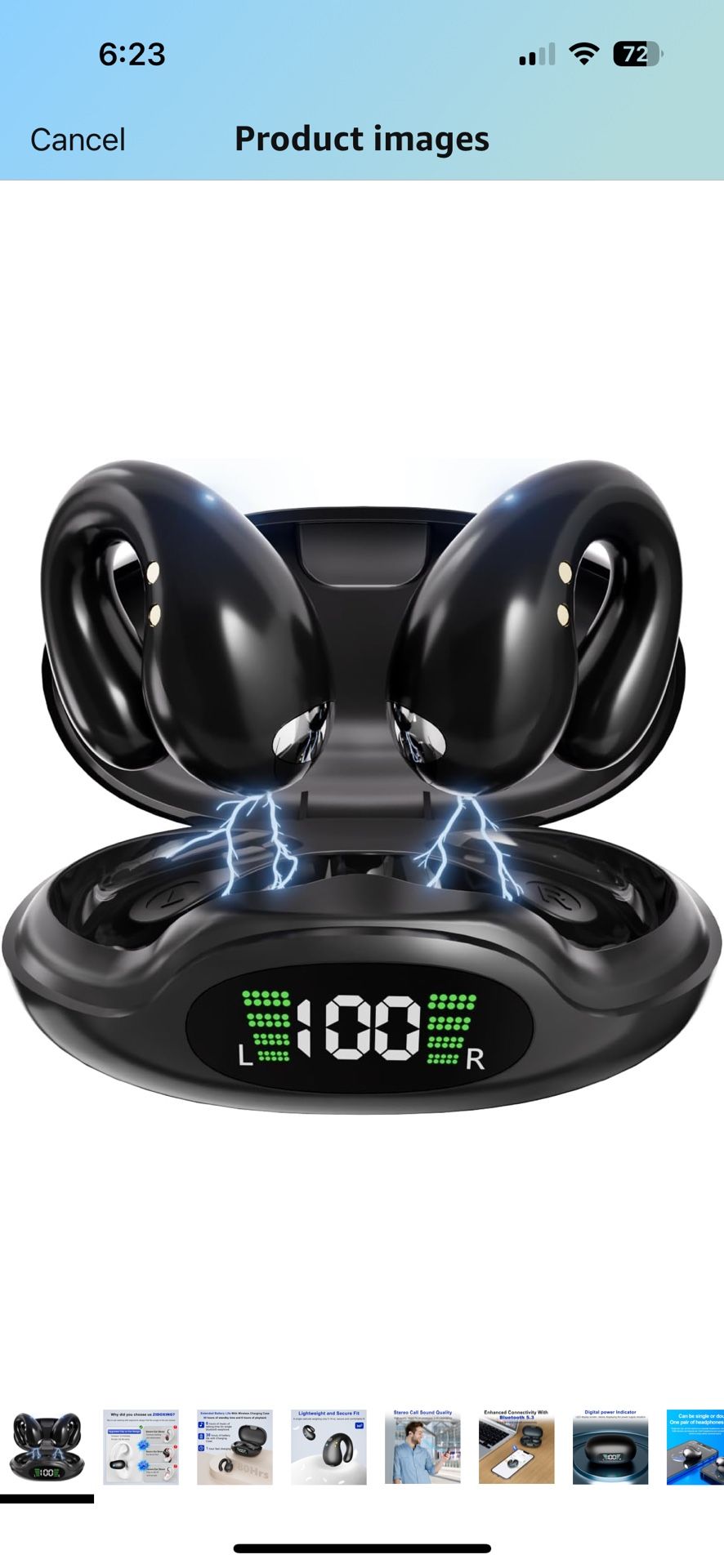 Wireless Bluetooth 5.3 Open Ear Bone Conduction Headphones, 60 Hrs Battery, 4 Mics, LED Display, IPX7 Waterproof,Clip On Earbuds Charging Case Sports