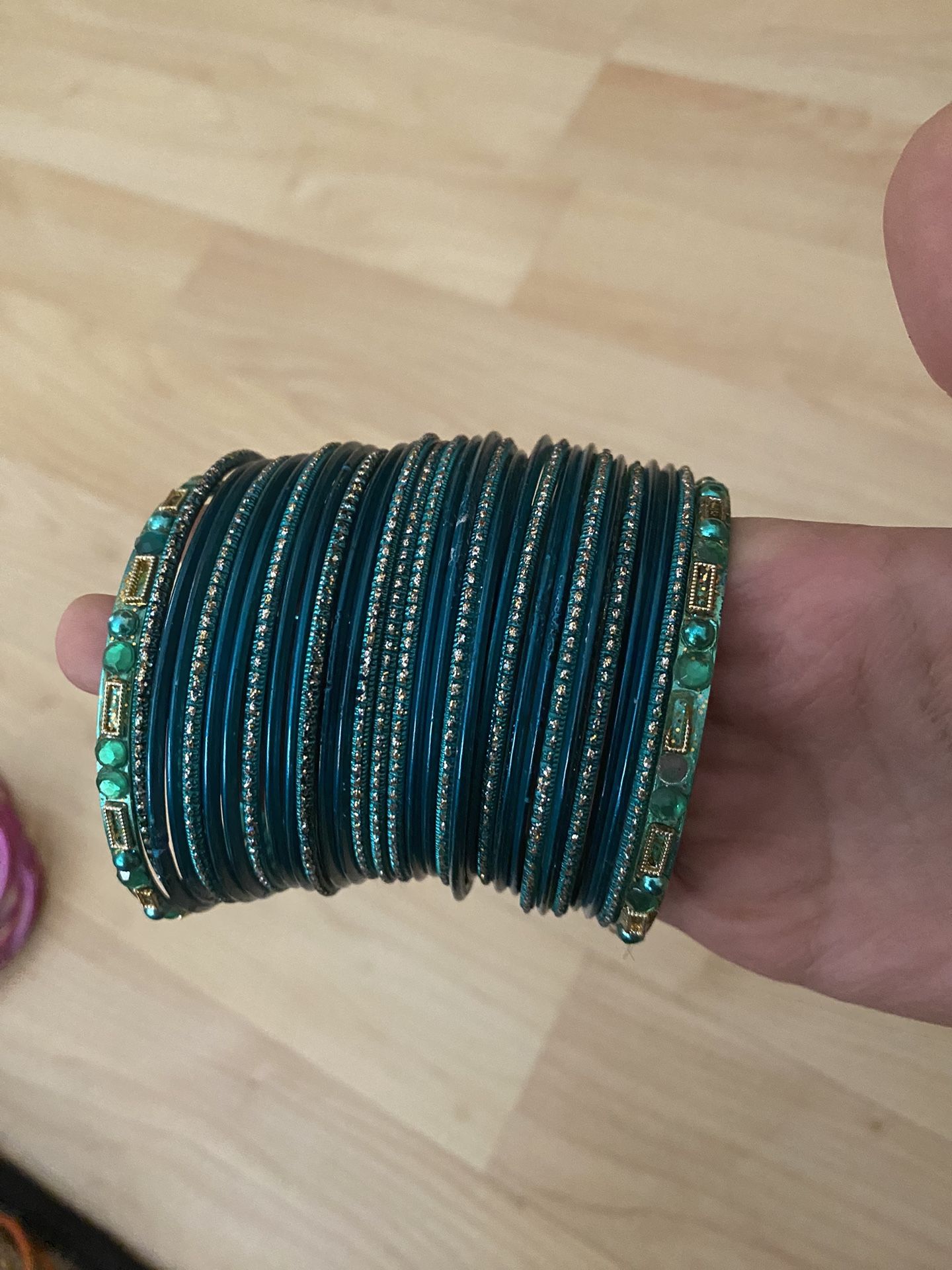 Turquoise Peacock green gold bangles 2.8 size