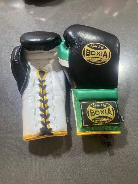 Boxia /GTX Leather Lace Up Boxing Gloves/Black, white, and green with ...