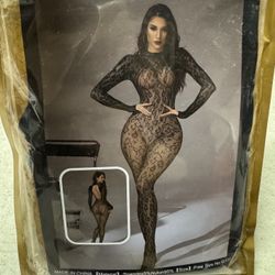 New one size black lace fishnet bodysuit body stocking cheetah leopard lingerie