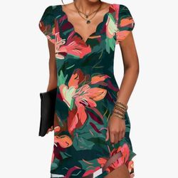 Kipfall Summer Dress Petal Short Sleeve V-Neck Beach Dress Floral Print Size XL