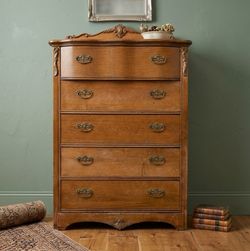Dresser Solid Oak Highboy Bureau Chest of 5 Drawers