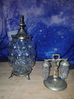 Vintage Glass Bubble Jar and Grape Candle Holder Set