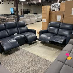 Navy Blue Leather Power Reclining Sofa And Loveseat