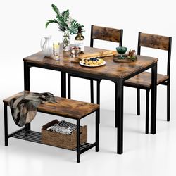 Modern Rustic Dining Table Set w/ Bench + 2 Chairs – Space Saving