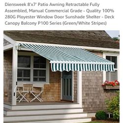 8'x7' Patio Awning Retractable Fully Assembled, Manual Commercial Grade - Quality 100% 280G Ployester Window Door Sunshade Shelter - Deck Canopy Balco